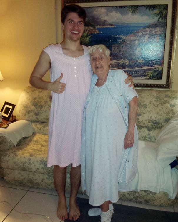 84 years old grandma and her grandson with a nightgown