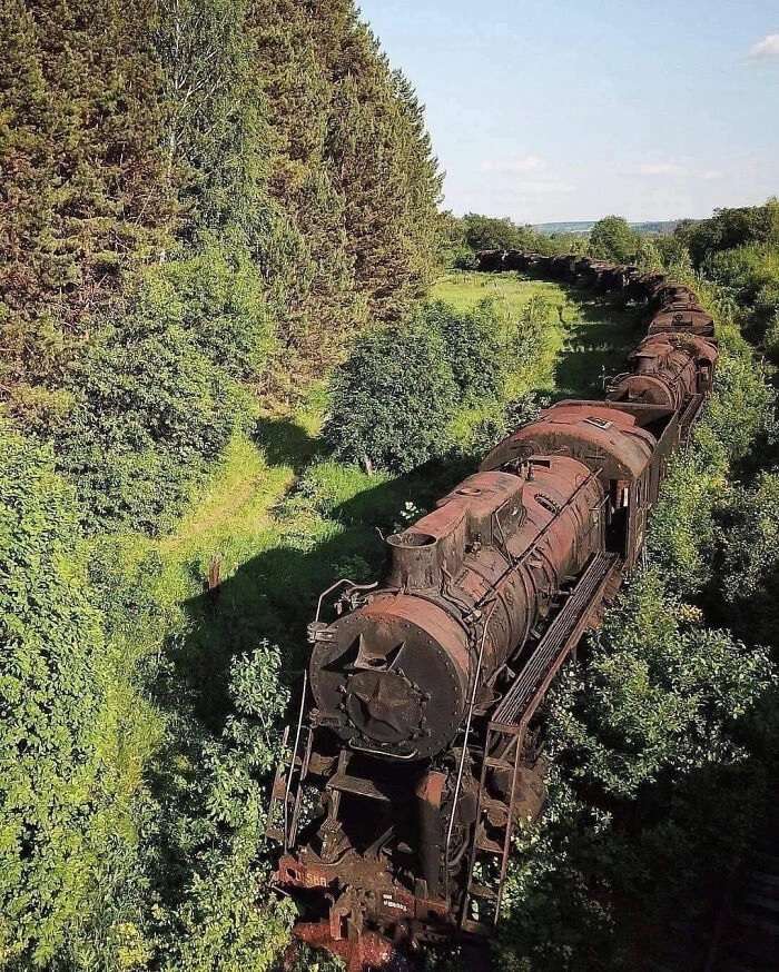 Abandoned steam train Graveyard, Russia