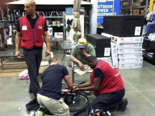 This old man’s wheelchair was broken at the Lowe’s Home Improvement Center, and employees decided to fix it for him