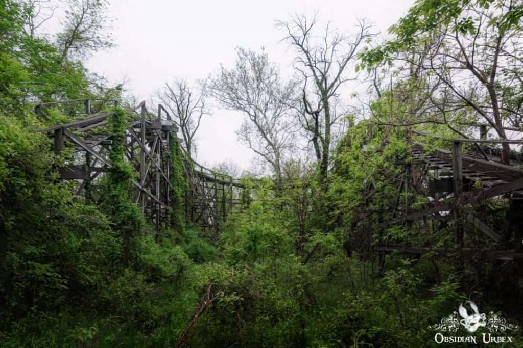 Abandoned Wooden Rollercoaster In The Theme park 