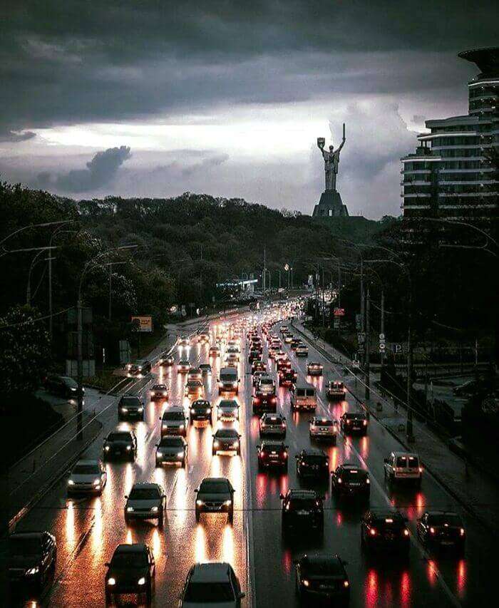 Evening in Kyiv city with motherland statue