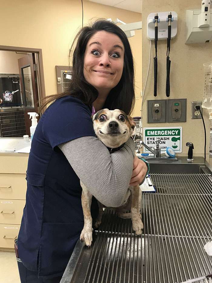 Puppy is so shocked, and my Coworker Katie put an equal shocked face