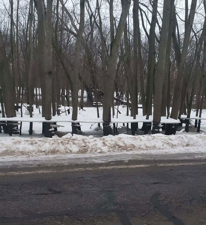 The fiver flooded, then froze, and after the water left, it remained to hover on ice shelves on the trees