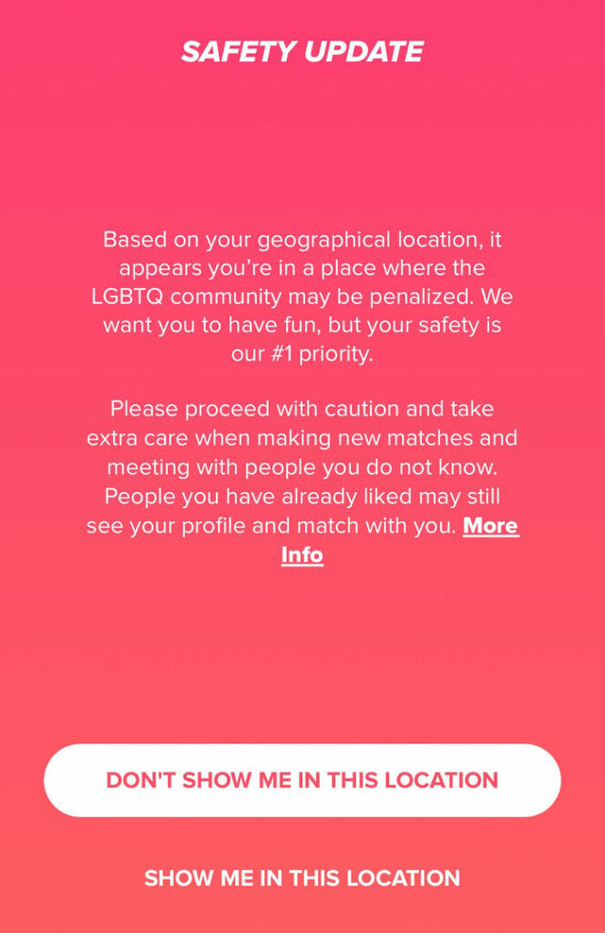 The warning notice on Tinder to the LGBTQ community