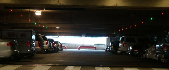 The red and green lights on this parking lot show the empty and occupied parking spaces