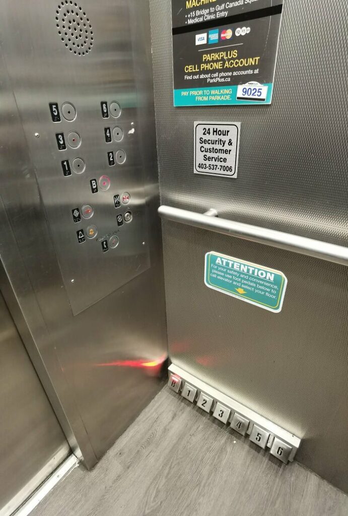 This elevator has foot pedals for floor selection; great idea to stay away from germs and viruses