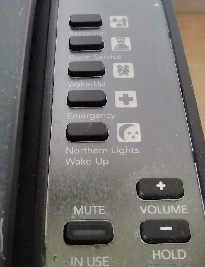 This is a phone in a hotel in Iceland; it has a special button called Northern Lights Wake-Up that will wake you up if there are northern lights in the sky