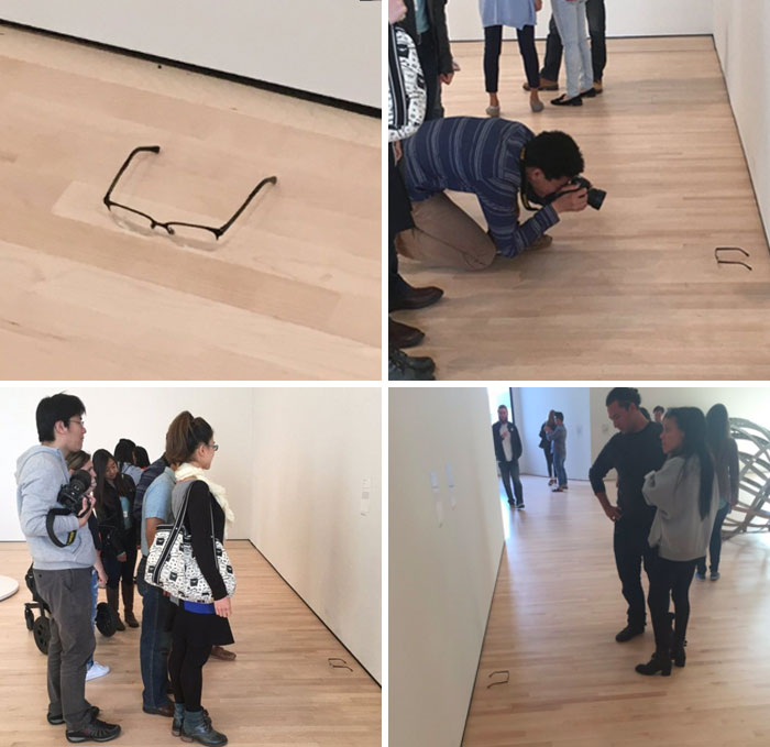 We put a pair of glasses at an art gallery; after a few times, people gathered around it and took photos