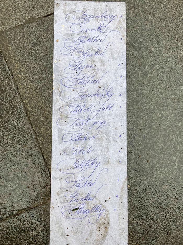 This shopping list was found on the streets in Prague, and its handwriting is gorgeous