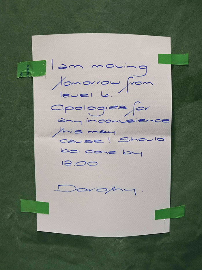 This notice was placed in my building, and the handwriting is futuristic