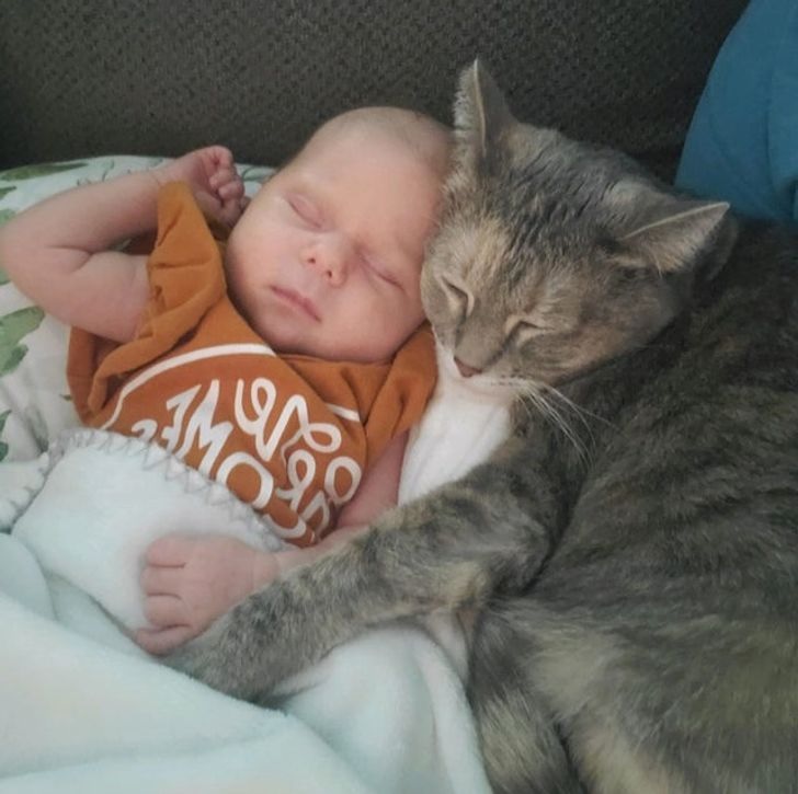This is my daughter and our cat sleeping together